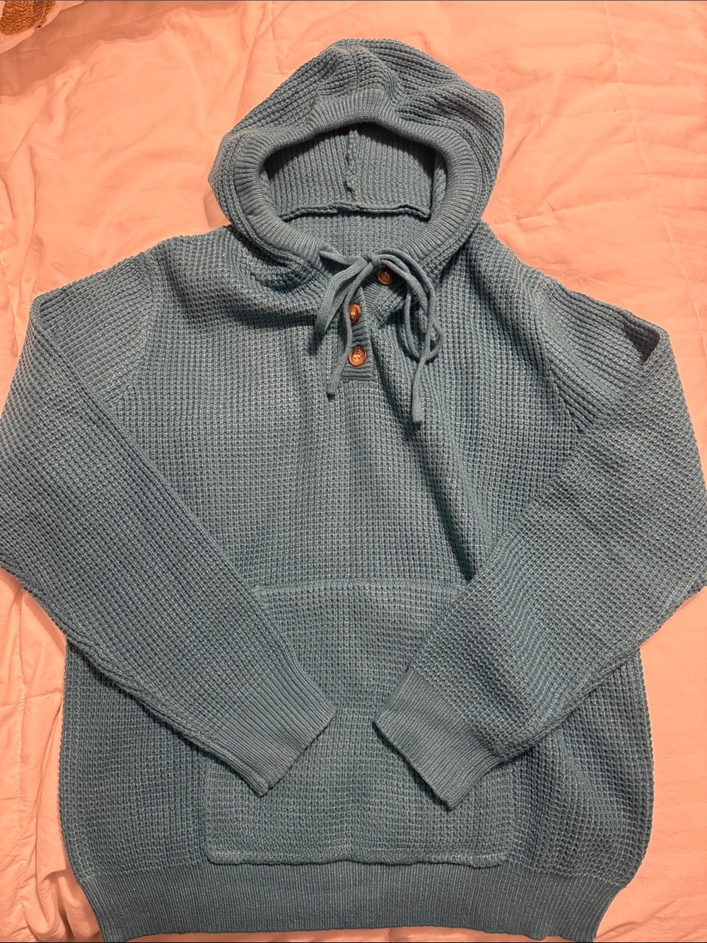 Cici Bird - Waffle-Knit Hooded Pullover in Teal Blue